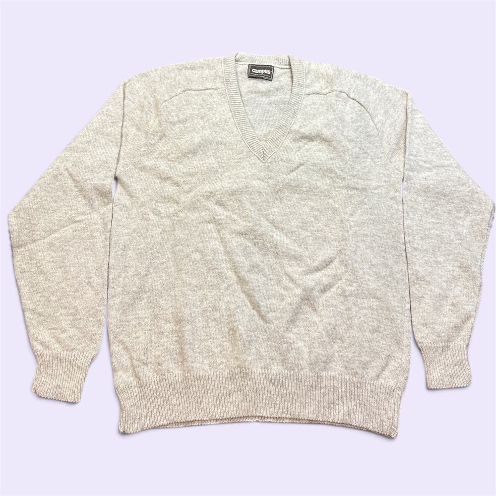 Vintage Campus Men’s Large Wool Blend V-Neck Sweater Made in USA cream